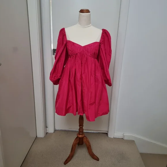 Zara Taffeta Puffed Sleeve Mini Dress Hot Pink Size M - Picture 2 of 7